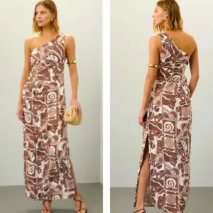 Mara Hoffman Enya Athenian Tribal Print One Shoulder Maxi Hemp Dress Sz 8