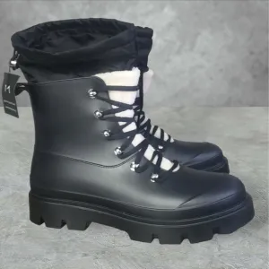 Marc Fisher Boots Womens 10M Black Combat  Lace Up Faux Fur Water Resistant  NWT