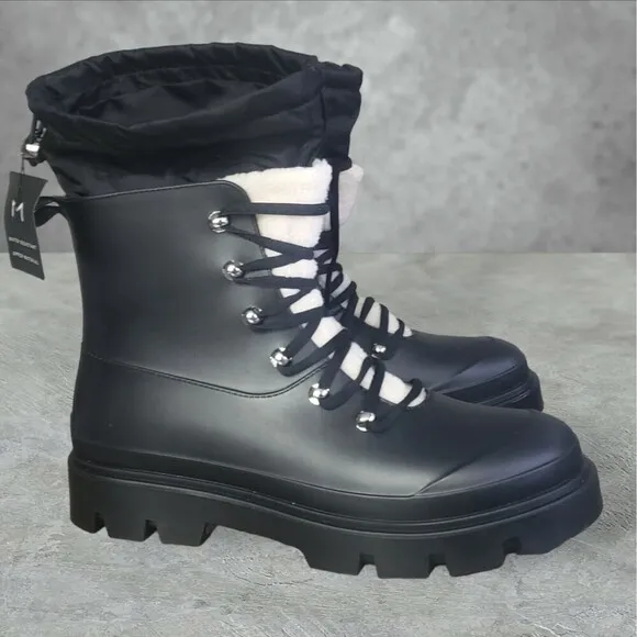 Marc Fisher Boots Womens 10M Black Combat  Lace Up Faux Fur Water Resistant  NWT