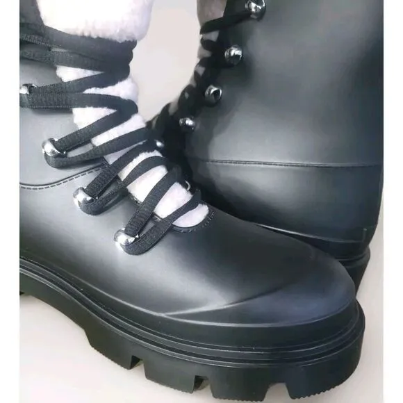 Marc Fisher Boots Womens 10M Black Combat  Lace Up Faux Fur Water Resistant  NWT