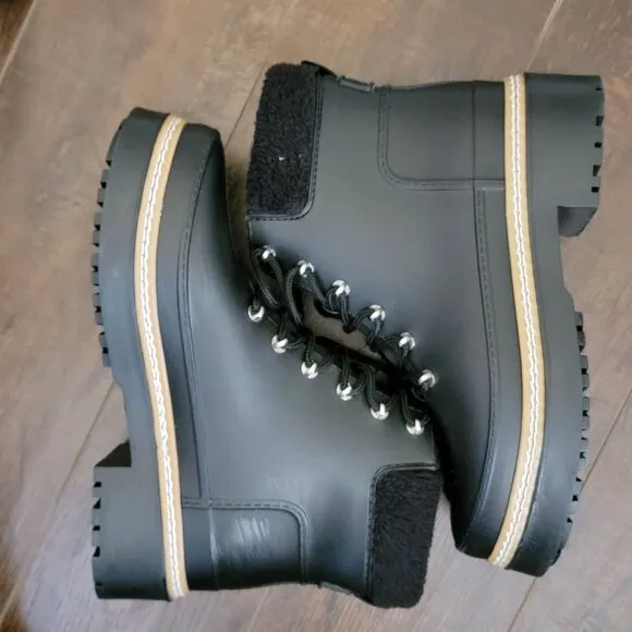 Marc Fisher Combat Rain Boots Womens 9 Chic Shiny City Fur Trim Whimsygoth
