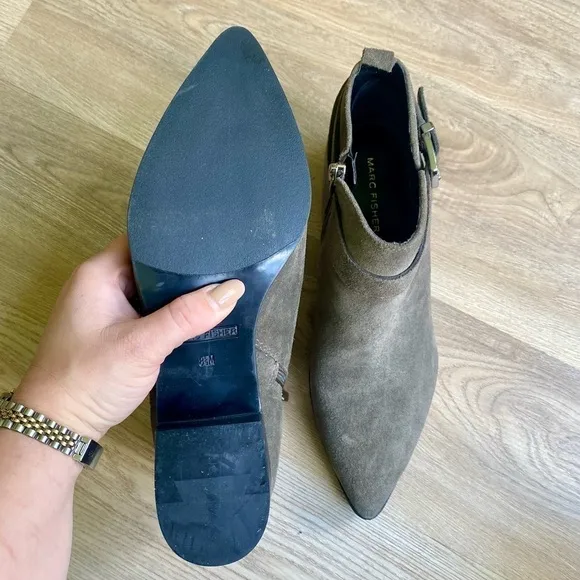 Marc Fisher Green/Gray Suede Pointed Ankle Boots w/ Buckle, Western Style, NWT