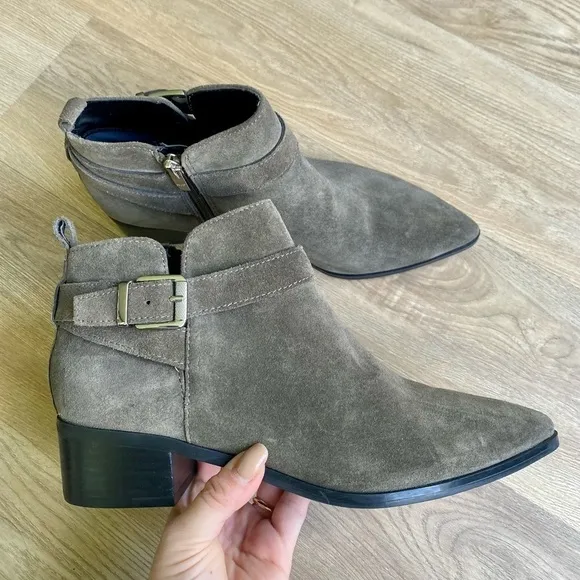 Marc Fisher Green/Gray Suede Pointed Ankle Boots w/ Buckle, Western Style, NWT