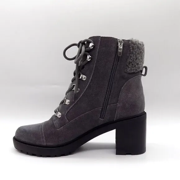 Marc Fisher Lakynn Ankle Boots Size 9.5 Suede Dark Gray Lug Sole Faux Fur Collar