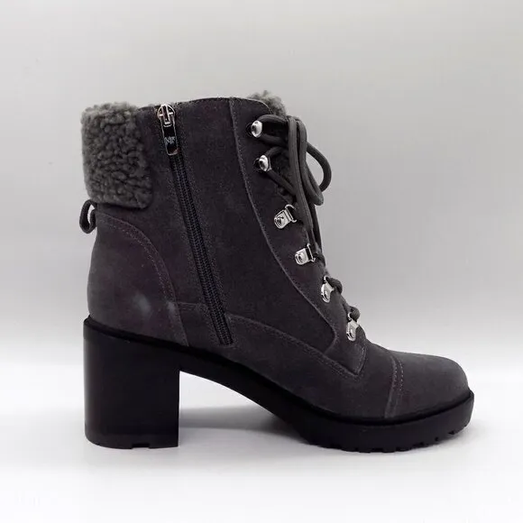 Marc Fisher Lakynn Ankle Boots Size 9.5 Suede Dark Gray Lug Sole Faux Fur Collar