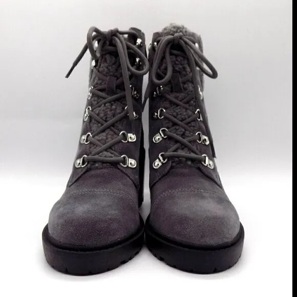 Marc Fisher Lakynn Ankle Boots Size 9.5 Suede Dark Gray Lug Sole Faux Fur Collar
