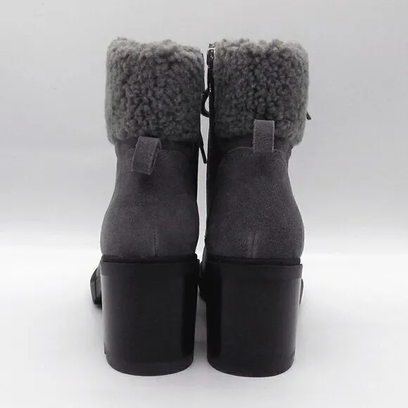 Marc Fisher Lakynn Ankle Boots Size 9.5 Suede Dark Gray Lug Sole Faux Fur Collar