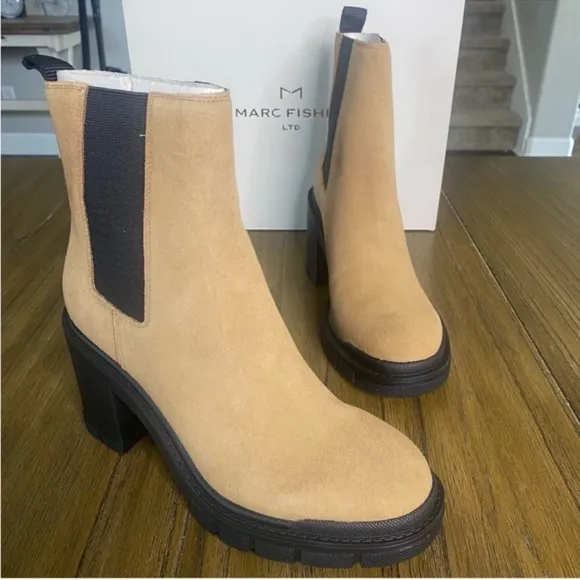 Marc Fisher tan suede block heeled ankle boots