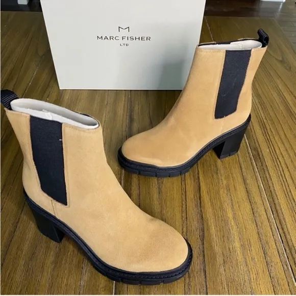 Marc Fisher tan suede block heeled ankle boots