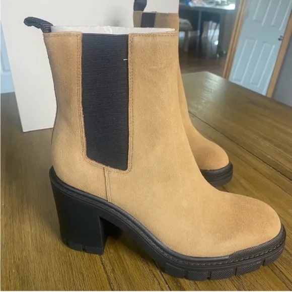 Marc Fisher tan suede block heeled ankle boots
