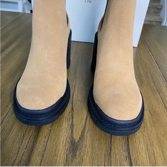 Marc Fisher tan suede block heeled ankle boots