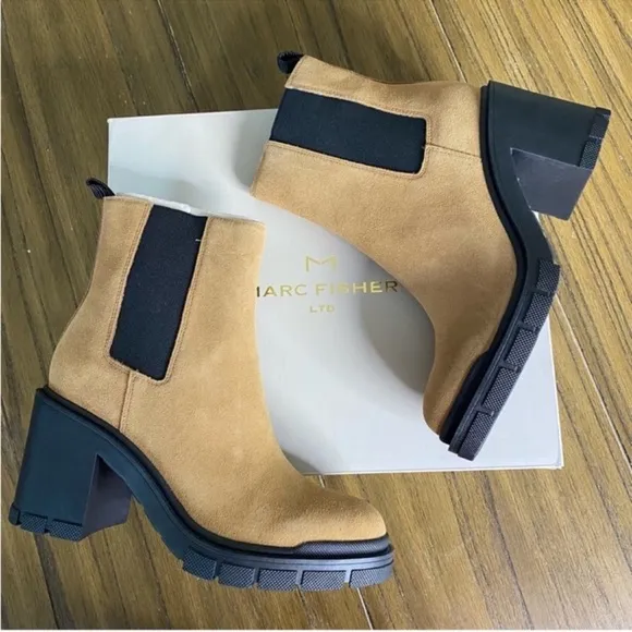 Marc Fisher tan suede block heeled ankle boots