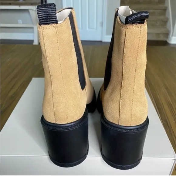 Marc Fisher tan suede block heeled ankle boots