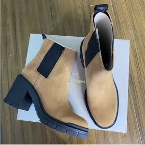 Marc Fisher tan suede block heeled ankle boots