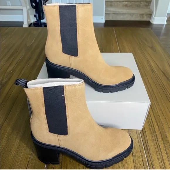 Marc Fisher tan suede block heeled ankle boots