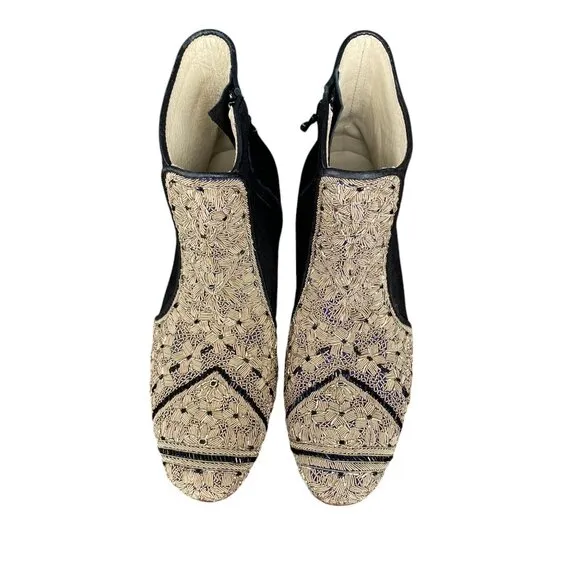 Meher Kakalia Black Gold Tan Hand Beaded Leather Boots - Size 36