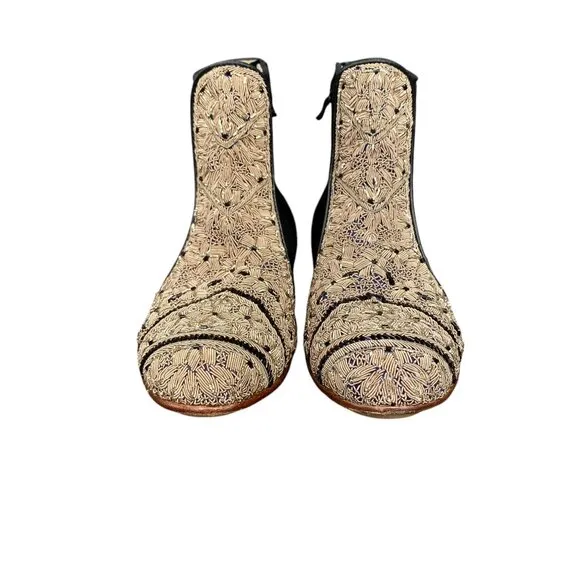 Meher Kakalia Black Gold Tan Hand Beaded Leather Boots - Size 36