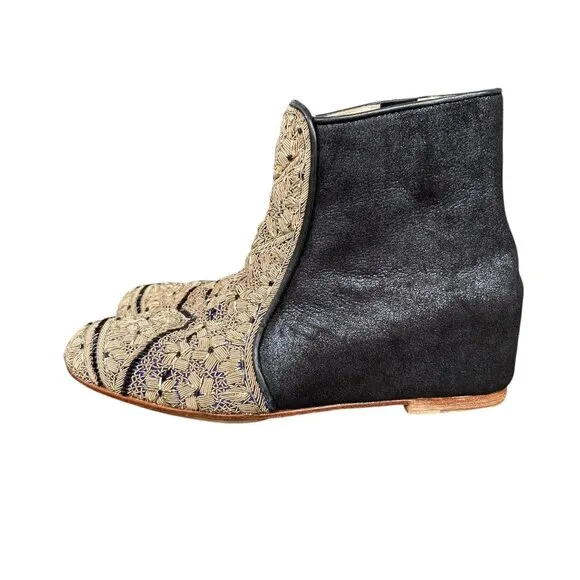 Meher Kakalia Black Gold Tan Hand Beaded Leather Boots - Size 36
