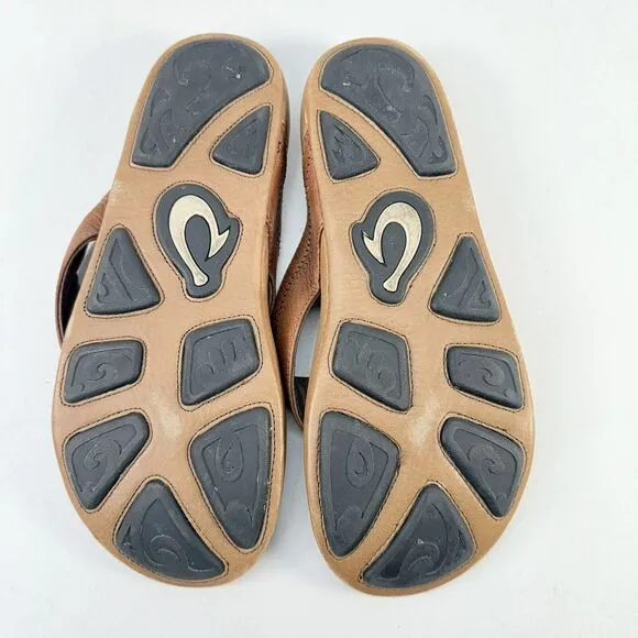 Mens OluKai Nui Brown Leather Flip Flop Thong Sandals Beach Size 14