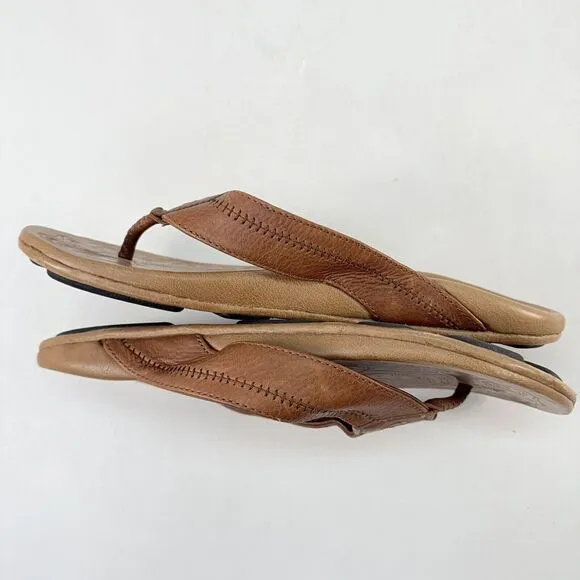 Mens OluKai Nui Brown Leather Flip Flop Thong Sandals Beach Size 14