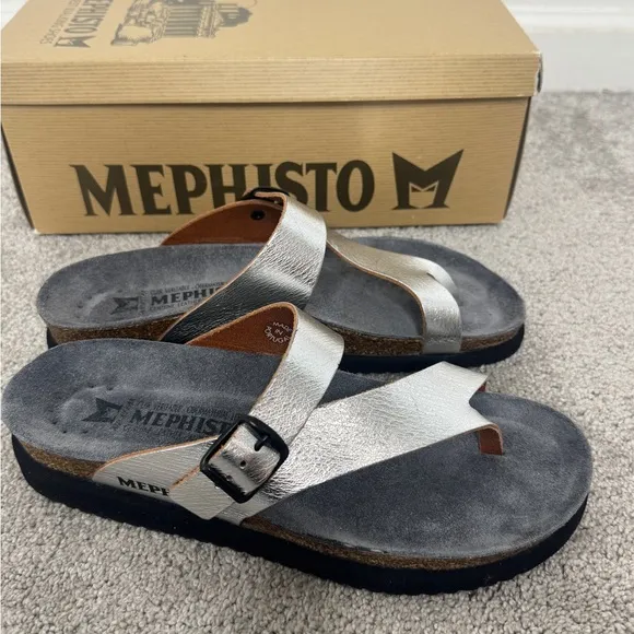 Mephisto Helen Stella/Silver Gray Leather Sandals Sz 40/us8