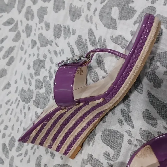 MICHAEL KORS 3 Inch Palm Beach Purple &amp; Silver Patent Look Wedge Sandals 9.5