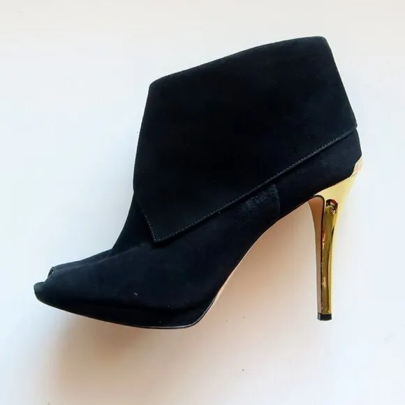 Michael Kors Black Suede Leather Peep Toe Gold Heel Ankle Boots / Booties Sz. 10