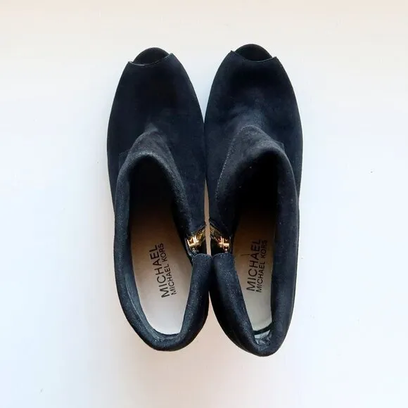 Michael Kors Black Suede Leather Peep Toe Gold Heel Ankle Boots / Booties Sz. 10