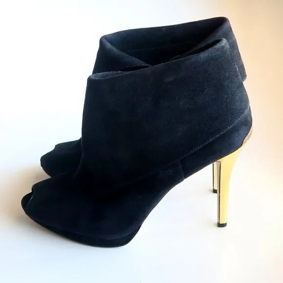 Michael Kors Black Suede Leather Peep Toe Gold Heel Ankle Boots / Booties Sz. 10