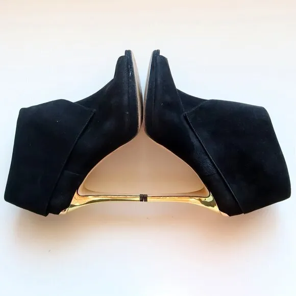 Michael Kors Black Suede Leather Peep Toe Gold Heel Ankle Boots / Booties Sz. 10