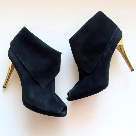 Michael Kors Black Suede Leather Peep Toe Gold Heel Ankle Boots / Booties Sz. 10