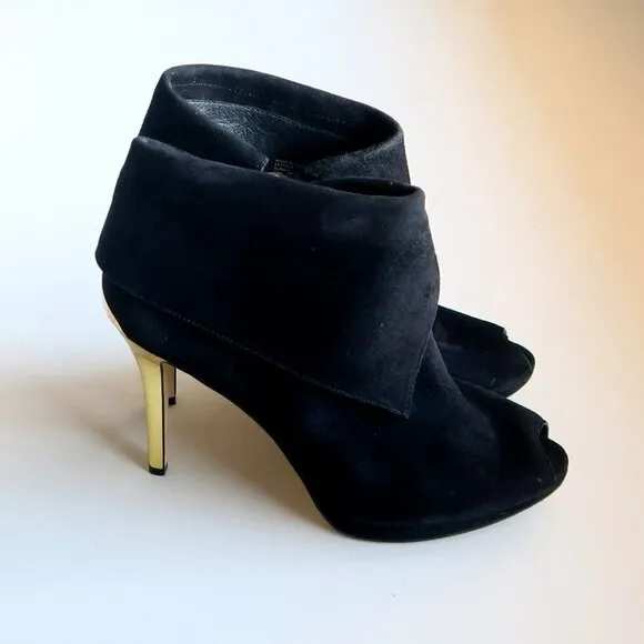 Michael Kors Black Suede Leather Peep Toe Gold Heel Ankle Boots / Booties Sz. 10