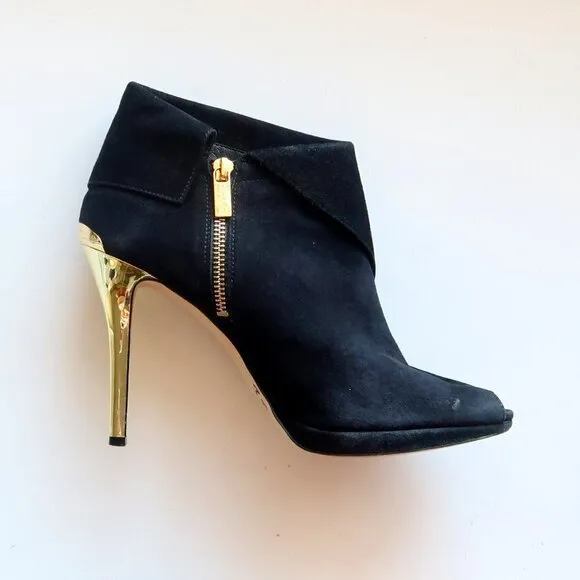 Michael Kors Black Suede Leather Peep Toe Gold Heel Ankle Boots / Booties Sz. 10
