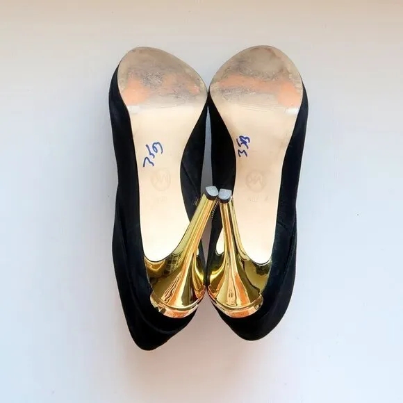Michael Kors Black Suede Leather Peep Toe Gold Heel Ankle Boots / Booties Sz. 10