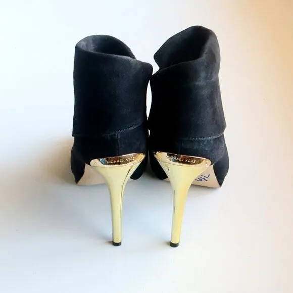 Michael Kors Black Suede Leather Peep Toe Gold Heel Ankle Boots / Booties Sz. 10