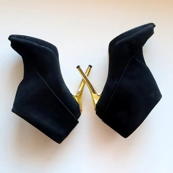 Michael Kors Black Suede Leather Peep Toe Gold Heel Ankle Boots / Booties Sz. 10