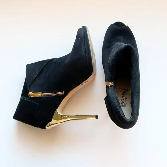 Michael Kors Black Suede Leather Peep Toe Gold Heel Ankle Boots / Booties Sz. 10