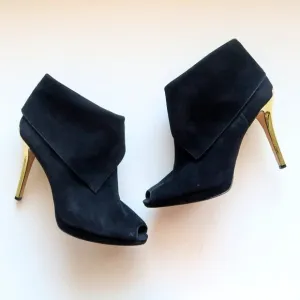 Michael Kors Black Suede Leather Peep Toe Gold Heel Ankle Boots / Booties Sz. 10