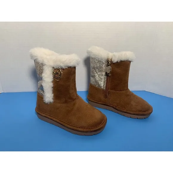 Michael Kors Johanna Tinsel Faux Fur Suede MK Logo Brown Glitter Boots Girl 7