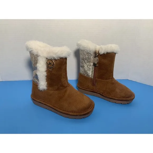 Michael Kors Johanna Tinsel Faux Fur Suede MK Logo Brown Glitter Boots Girl 7