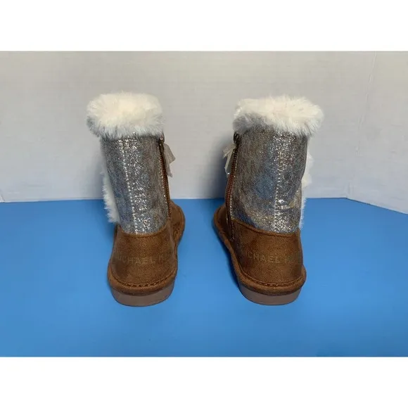 Michael Kors Johanna Tinsel Faux Fur Suede MK Logo Brown Glitter Boots Girl 7