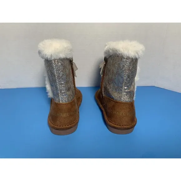 Michael Kors Johanna Tinsel Faux Fur Suede MK Logo Brown Glitter Boots Girl 7