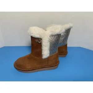 Michael Kors Johanna Tinsel Faux Fur Suede MK Logo Brown Glitter Boots Girl 7