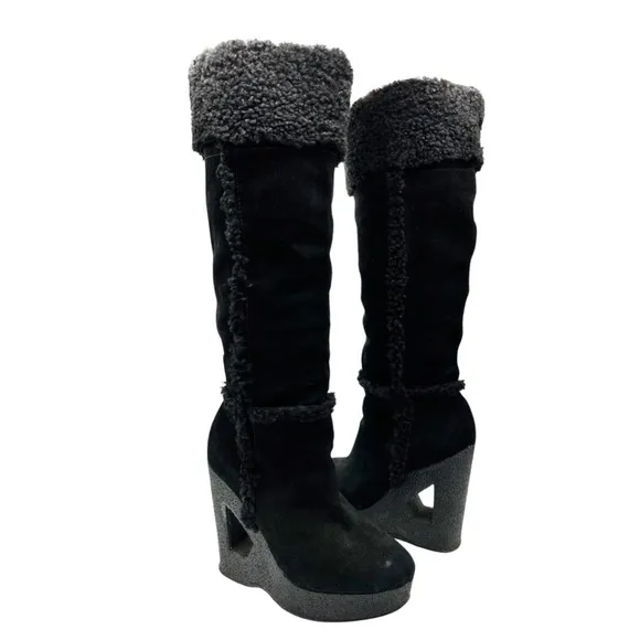 Michael‎ Kors Knee High Suede &amp; Shearling Wedge Cutout Heel Boots