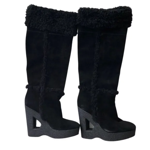 Michael‎ Kors Knee High Suede &amp; Shearling Wedge Cutout Heel Boots