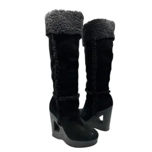 Michael‎ Kors Knee High Suede &amp; Shearling Wedge Cutout Heel Boots