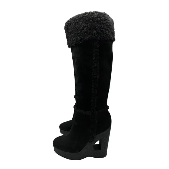 Michael‎ Kors Knee High Suede &amp; Shearling Wedge Cutout Heel Boots
