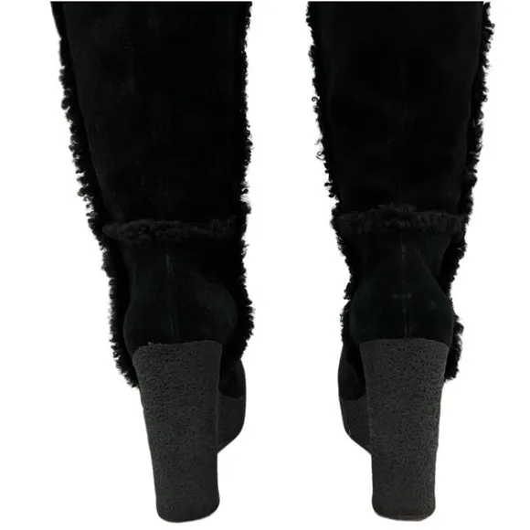 Michael‎ Kors Knee High Suede &amp; Shearling Wedge Cutout Heel Boots