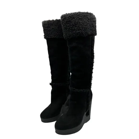 Michael‎ Kors Knee High Suede &amp; Shearling Wedge Cutout Heel Boots