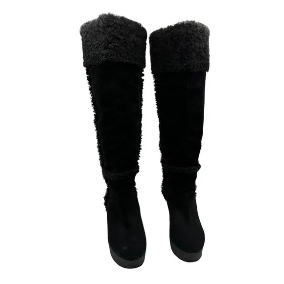 Michael‎ Kors Knee High Suede &amp; Shearling Wedge Cutout Heel Boots